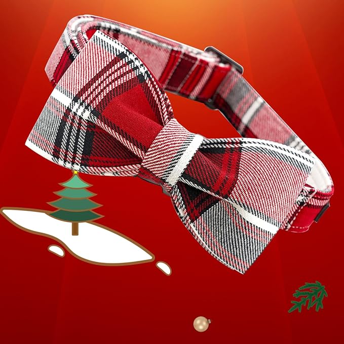 Dog Collar, Christmas Dog Collar Plaid Pet Collar Bow Holiday Bows Girl Boy Puppy Collar Adjustable Pet Collar for Small Dogs
