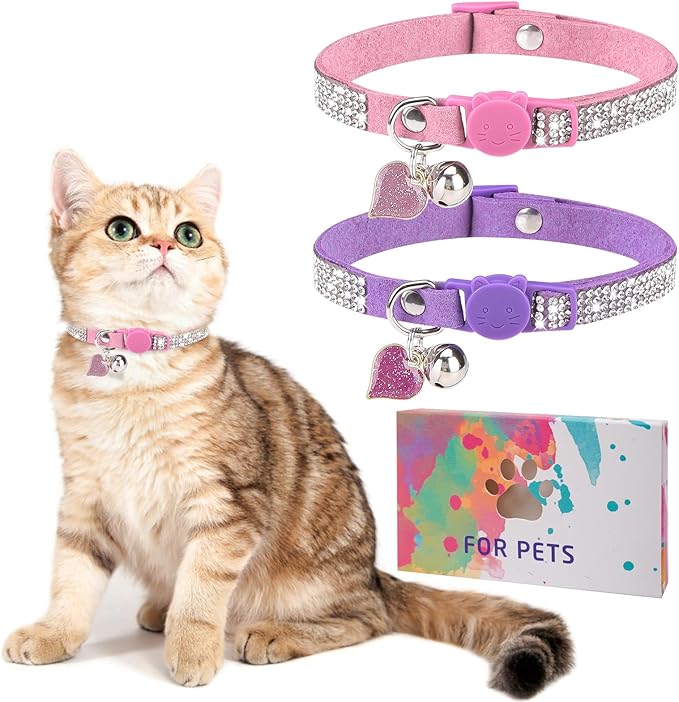 Rhinestone Cat Collar Breakaway with Bell, Diamond Cat Collar with Safety Buckle Quick Release for Girl Boy Small Kitten Pets Puppy,Cute Soft Female Male Cat Collars,Color Pink & Purple 8-12"