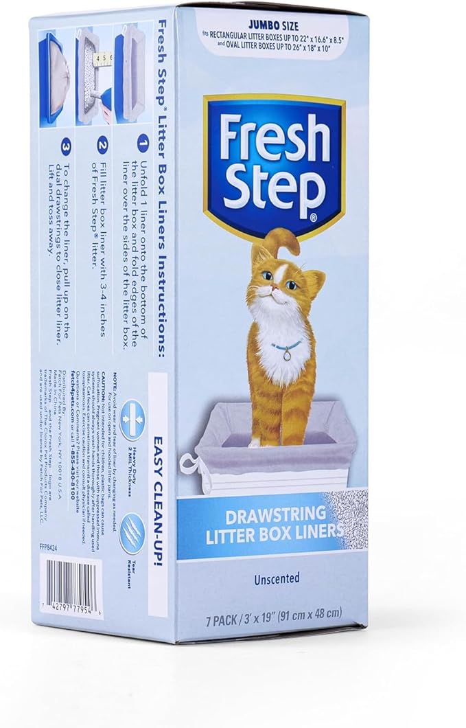 Fresh Step Jumbo Drawstring Cat Litter Box Liners, Unscented Heavy Duty Kitty Litter Bags for X-Large Oval or Rectangle Pans, Helps Contain Mess, Easy Lift Out Cleanup, 36 x 19 in, 7 Count - 3 Pack