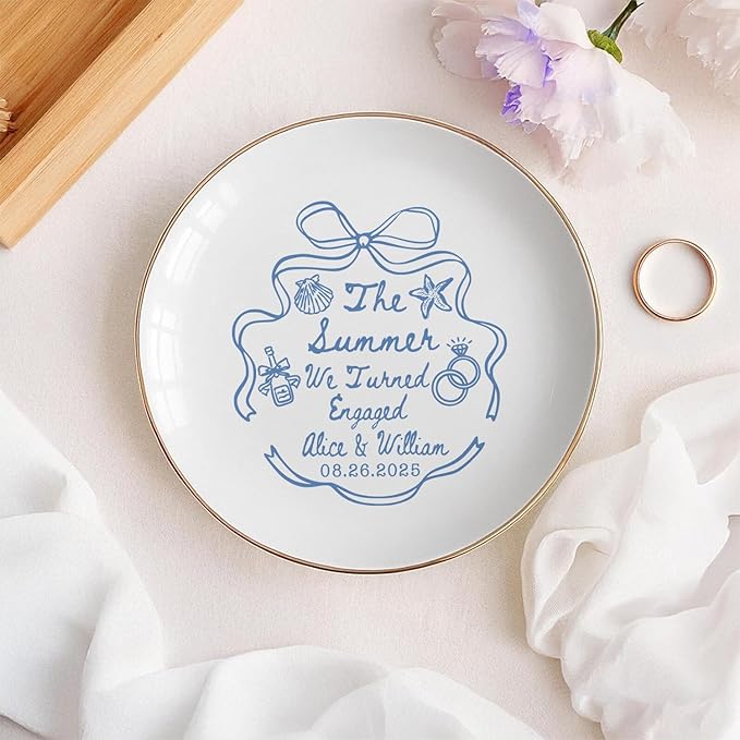 Personalized Ring Dish Engagement Gift, Whimsical Doodle Engaged Ring Holder, Custom Wedding Jewelry Dish, Jewelry Tray Gifts for Newly Engaged Couple Her Bride Wife Bestie