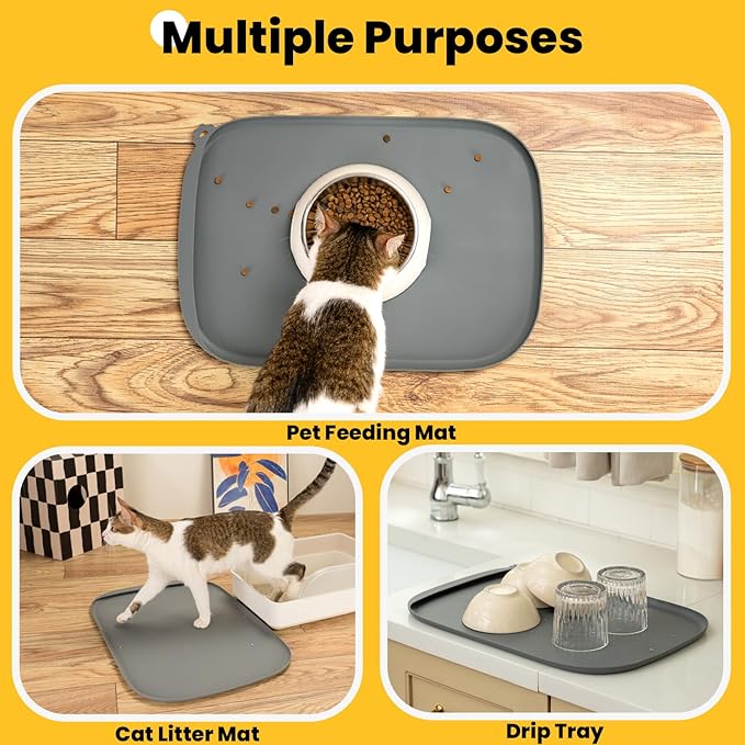 Silicone Dog Food Mat with Side Pocket & Hook Hole, Soft Raised Edges, Easy Clean Waterproof Non-Slip Pet Feeding Mat for Cats and Dogs Water Bowl, Pets Accessories(18"x12",Grey)