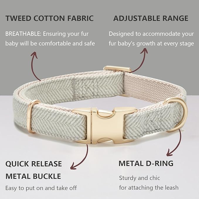 Soft Cotton Hemp Dog Collar with Metal Buckle Adjustable Twilled Dog Collars for Small Medium Large Dogs(Grey,Small)
