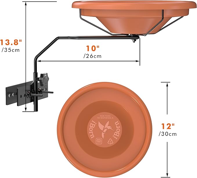 iBorn Bird Bath for Outside,Fence Mounted Bird Baths 12in,BPA-Free Bowl,360°Swivel & Adjustable Height Bracket,Detachable Bird Bath for Fence Railing, Pack of 1