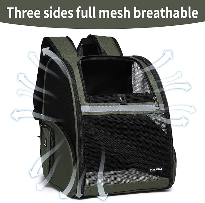 Cat Backpack Carrier for Small Dogs and Medium cat Puppy Kitten Bunny Pet Carrier Backpack Collapsible with Fully Ventilated Mesh with Safety Leash (DarkGreen, 12.9" L x 10.62" W x 15.5" H - M)