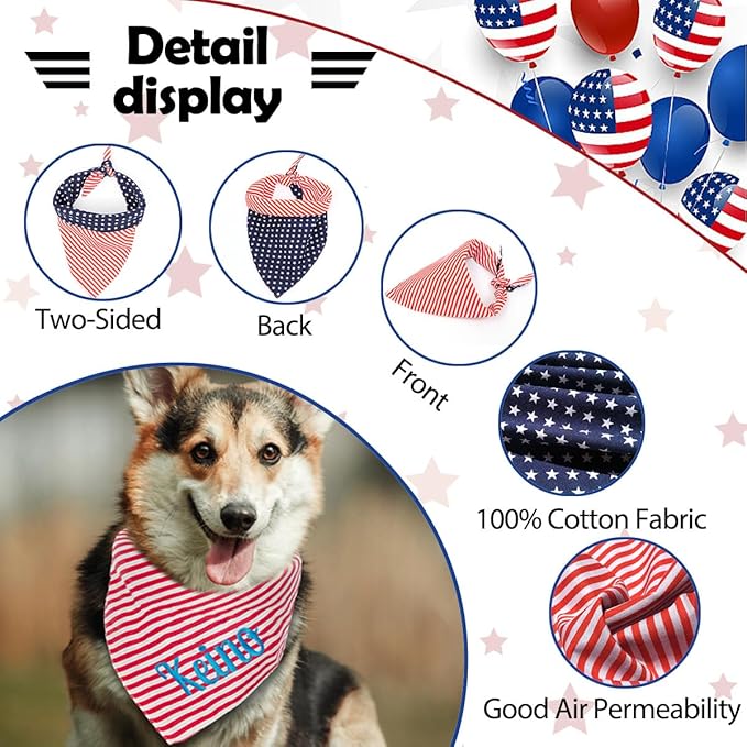 Personalized 4th of July Dog Bandana Embroidered Name Custom Neckwear Dog Scarf for Small Medium Large Dogs Cats Pets Birthday Gift