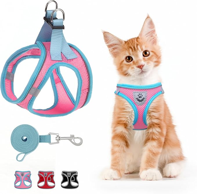 SCENEREAL Cat Harness and Leash Set Escape Proof, Adjustable Soft Air Mesh Kitten Harnesses for Girls Boys Small Medium Big Cats, Reflective Light Travel Pet Walking Vest for Puppy Rabbit, Pink S