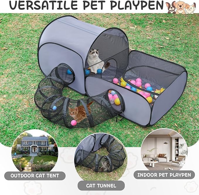 Dog Playpen with Surround Tunnel, Outdoor/Indoor Cat Playpen with Breathable Soft Sides，Tailtastic Cat Enclosure Tent for Small Animals, Portable Cat Tent with Carry Bag (Large)