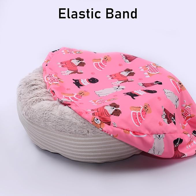 Round Replacement Dog Bed Covers Elastic Edged Washable Pet Bed Protector with Pink Dog Pattern Design for Small & Medium Pet Beds, Cover Only (Pink, 30 x 9.8 Inch)