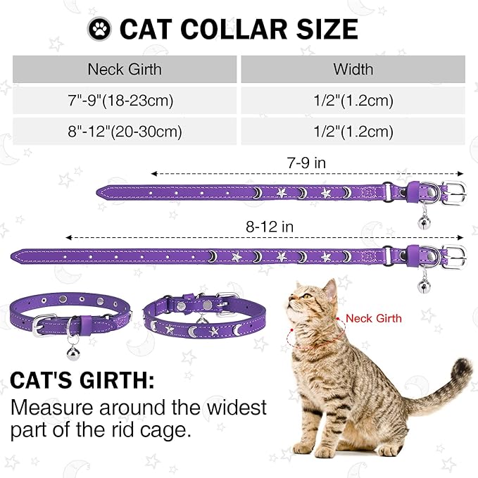 Leather Cat Collars for Boy Girl Cats with Bell and Safety Elastic Belt, Personalized Star and Moon Stud Adjustable Safe Buckle Collar for Kitty Small Big Cats Size 7-9 Inch, Purple
