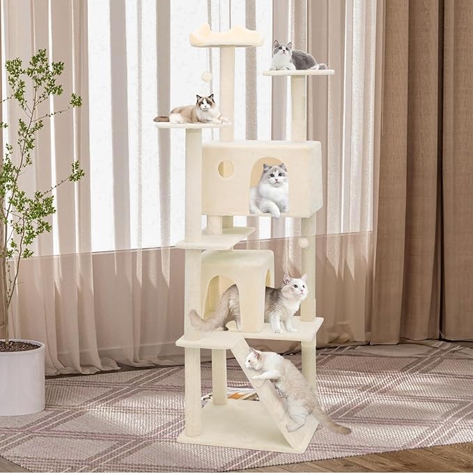 Athena Collection Cat Tree, 77 Inch Cat Tower for Indoor Cats, Multi-Level Cat Tree Tower Activity Center with 2 Cat Condo & Cat Scratching Post & Dangling Ball, Tall Cat Tree, Beige