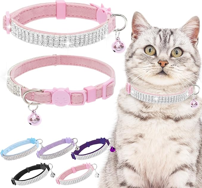 EXPAWLORER Soft Velvet Safe Cat Collars for Girl Cats - Rhinestones Adjustable Collars Breakaway- Chirstmas Cat Clollar Gifts with Bells for Boy Cats Kitty and Small Dogs(XS,Pink)