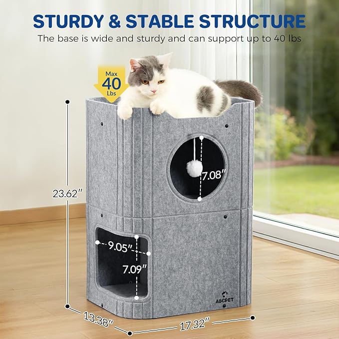 Cat House for Indoor Cats, 2-Storey Cat Bed Cave, Felt Cat Hideaway Condo with Resistant Scratching Freedom Kitten Cube for Multicats Gray