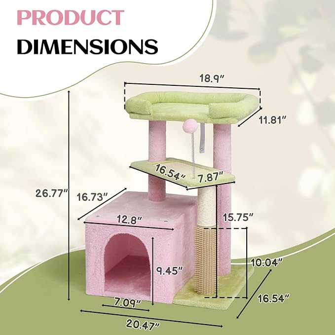 VINGLI Cat Tree, 27 inch Small Cat Tower with Scratching Post and Pad, Cat Condo for Indoor Kittens Padded Top Bed, Cats Indoor Activity Center (Pink & Green)