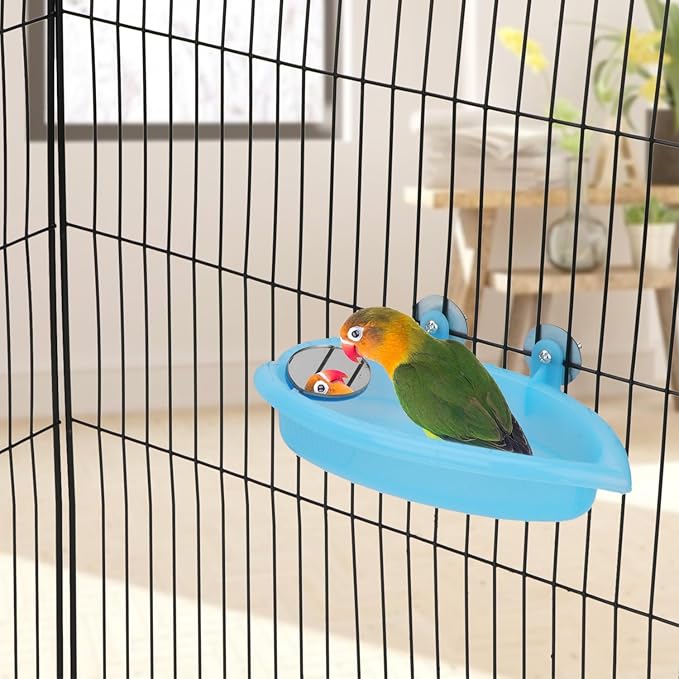 Hypeety Bird Bath with Mirror Portable Bird Bath Bird Bathroom for Pet Parrots Bathing Tub Bath Box Bird Shower Bathtub Accessories (Blue-Bird Bathtub with Mirror)
