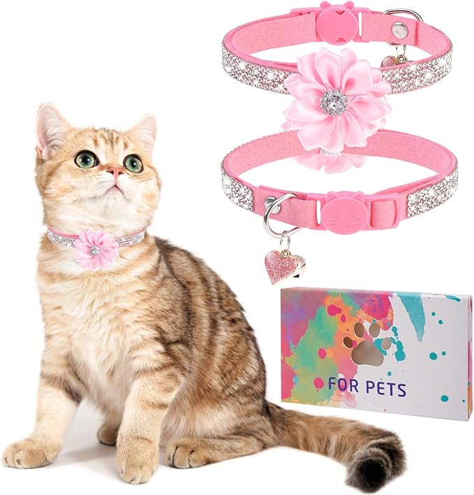 Rhinestone Cat Collar Breakaway with Bell, Diamond Cat Collar with Safety Buckle Quick Release for Girl Boy Small Kitten Pets Puppy,Cute Soft Cat Collars, Color Flower Pink 8-12"