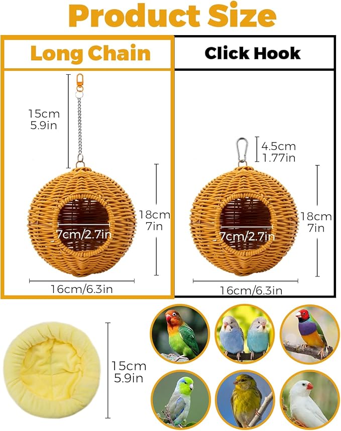 Chewproof Steel Frame Bird Nest for Cage, Washable Small Bird Bed Hammock Hideout Lay Eggs Parakeet Nest Sleep, Parakeet Warm Bed House Hut for Lovebird, Canary, Budgie