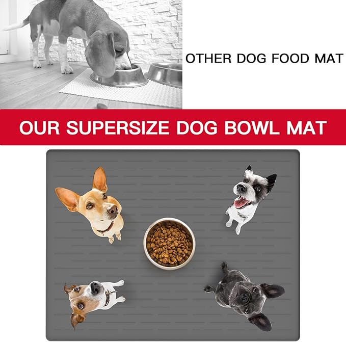 48" x 32" Largest Pet Food Mat, XXXL Silicone Dog Mats for Food and Water, Nonslip Pet Feeding Mats for Floors,Dog Cat Bowl Mat with Raised Edges, Gray White
