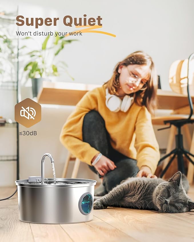 Stainless Steel Pet Water Fountain: 108oz/3.2L Cat Fountains with Led Light - Metal Bowl