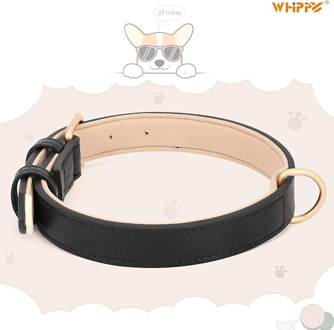 WHIPPY Leather Dog Collar for Small Medium Large Dog Adjustable Soft Breathable Leather Padded Puppy Collar with Alloy Buckle Heavy Duty Waterproof Classic Dog Pet Collar,Black,L