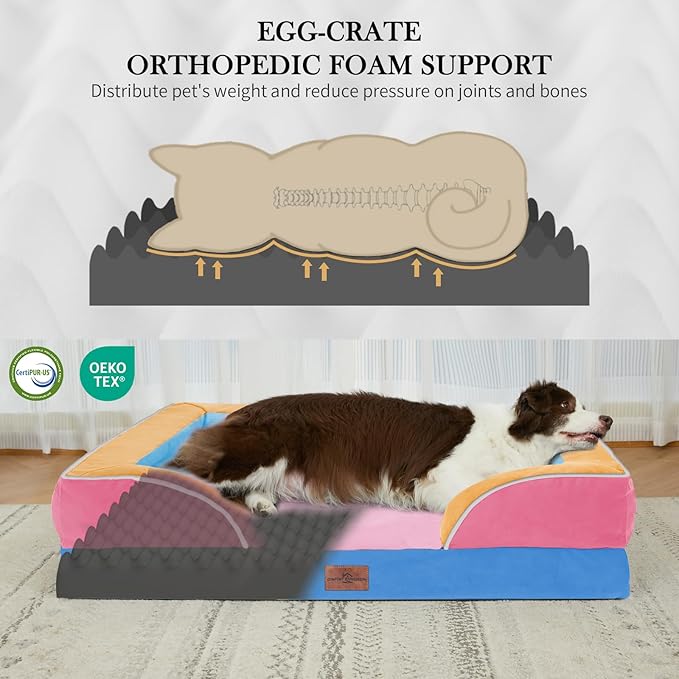 Comfort Expression Orthopedic Dog Bed for Large Dogs 36x27 Inch, Waterproof Egg Crate Foam Large Pet Bed with Removable Bolsters, Dog Couch with Washable Cover & Non-Slip Bottom, Bubblegum Cove