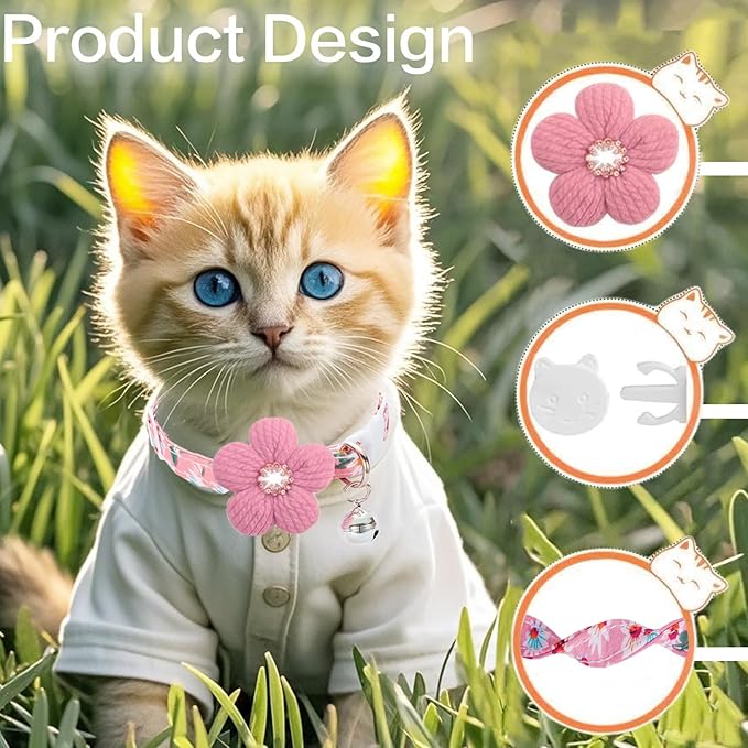 Cat Collar, HYQHYX Breakaway Kitten Collar with Flower,Rhinestone Kitty Collar with Bell, Floral Pet Collar with Safety Buckle for Cats and Puppy Dog