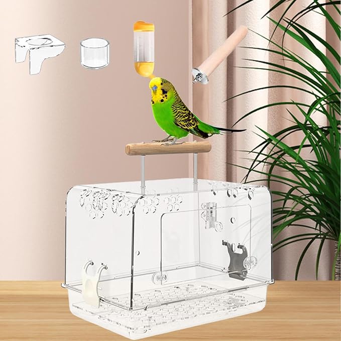 Hamster Cage Bird Travel Cage Portable Clear Accessories Acrylic Villa Bird Cage Lightweight Bird Carrier for Peony Parrot, Whole Set