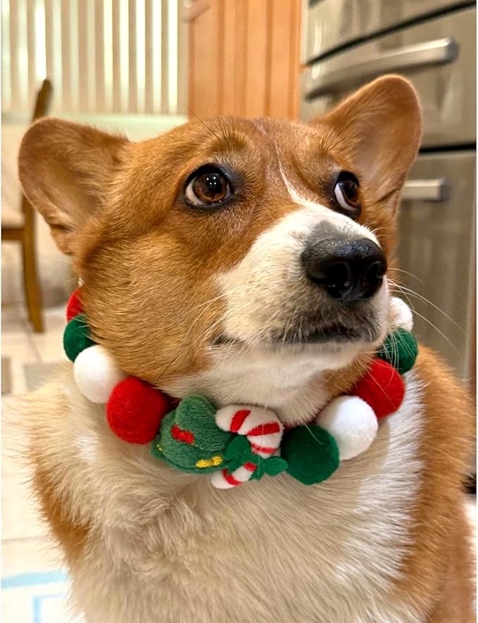 Lionheart glory Christmas Collar Pom-Pom Plush Ball Collar for Large Dogs Pet Christmas Costume Soft Funny Dog Collar Xmas Party Accessories Headgear