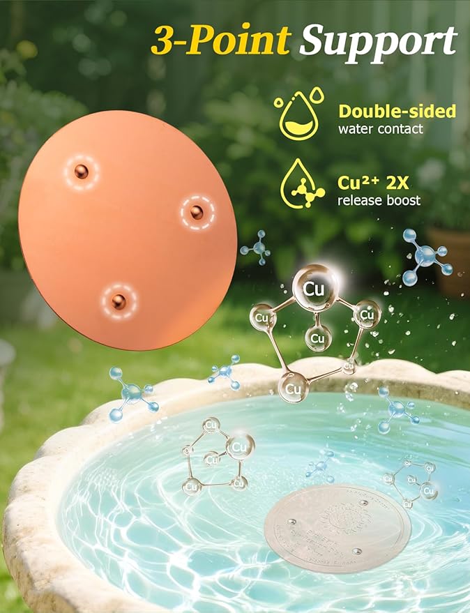 Mellbree 4-Pack Bird Bath Copper Disk, 0.6mm Reinforced 99.99% Pure Copper Cleaning Disk with Triple-Point Support for Physical Safe Clean Water All-Season (Sunflower)