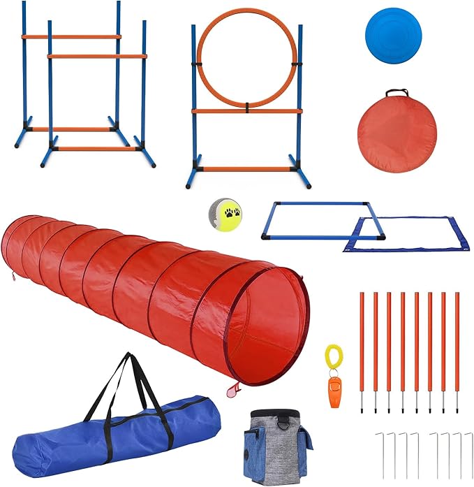 15 Piece Pets Agility Training Equipment, Obstacle Course Kit with Adjustable Dog Hoop, Dog Jump, Weave and Blind Poles, Pause Box for Outdoor Game