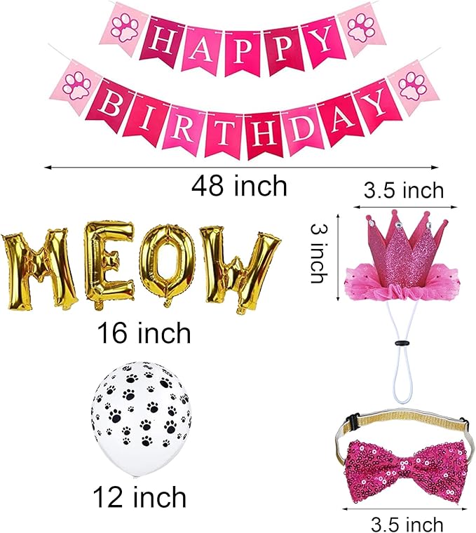 Cat Birthday Party Supplies, Cat Birthday Hat Crown with Number Bandana Bow Tie Banner Balloons Meow Balloons for Cats Kittens Decorations