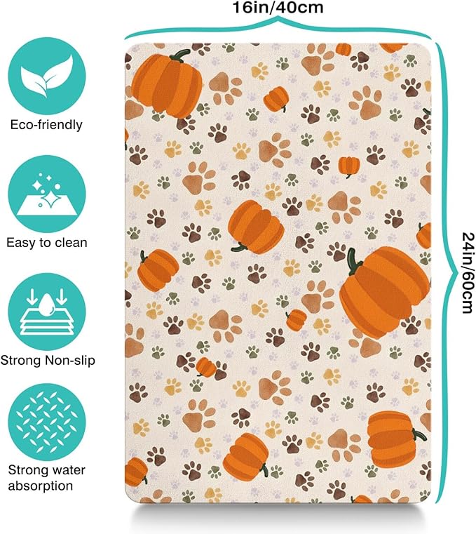 Fall Pumpkin Dog Food & Water Mat, Paw Prints Autumn Pet Feeding Mat for Floor Non-Slip Waterproof, Super Absorbent Cat Bowl Mat, Easy to Clean Eco-Friendly Durable Pet Placemat,16" × 24"