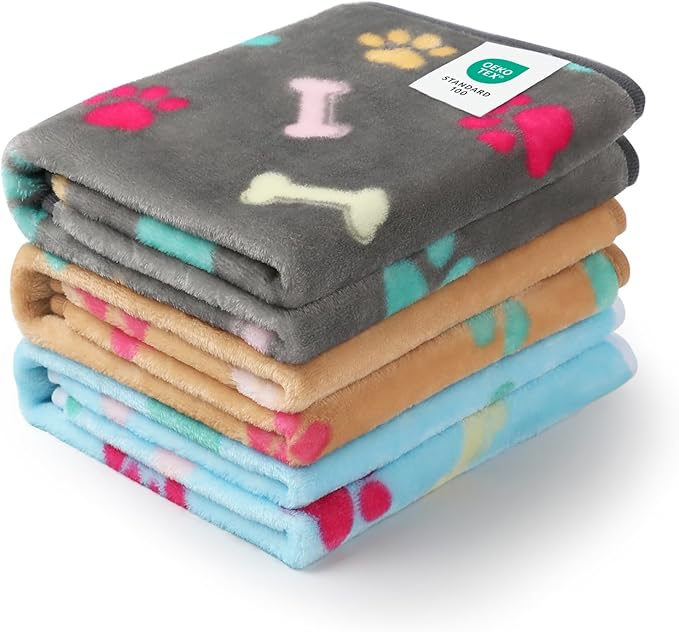 Luciphia 1 Pack 3 Blankets Fluffy Premium Fleece Pet Blanket Flannel Paw Printed Throw for Dog Cat(Medium 30x20'', Grey/Brown/Blue)