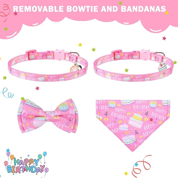 SCENEREAL Cat Bandana Collar for Birthday - 2 Pack Breakaway Kitten Collars With Bell Bowtie, Accessories for Pets, Adjustable Cute for Cats and Small Dogs Boys Girls, (Pink)