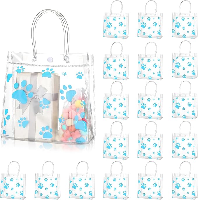 Teling 20 Packs Dog Paw Clear PVC Gift Bags with Handle Reusable Plastic Wrap Tote Bags Transparent for Puppy Pet Treat Party Favor Birthday Wedding Party, 8 x 8 x 3.15 Inch(Blue)