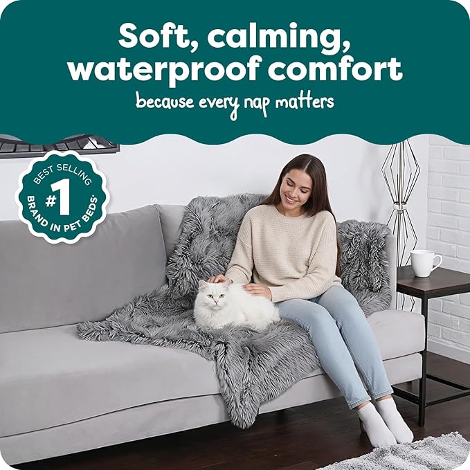 Furhaven Waterproof Throw Blanket for Dogs & Indoor Cats, Washable - Shaggy Plush Calming Long Faux Fur & Velvet Dog Blanket - Gray, Large