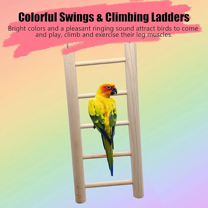 kathson Bird Perches Platform with Climbing Ladder and Swing,Parrot Cage Playground Toys with Food Cups,Parakeet Playing Gyms Wooden Exercise Training Stands for Budgie,Lovebird,Cockatiels