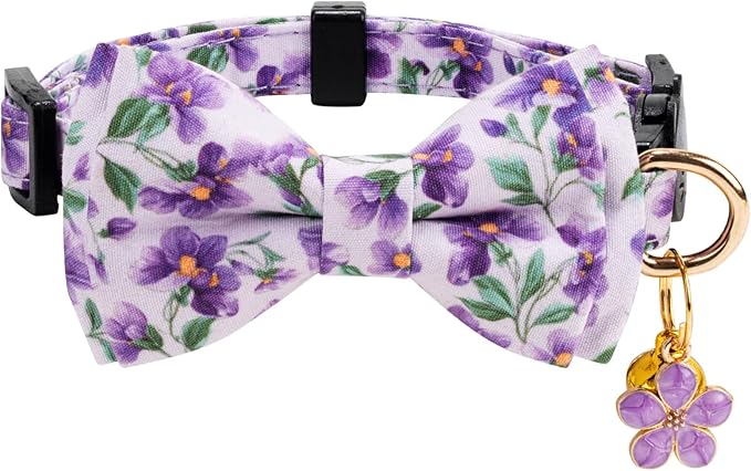 2 Pack Cotton Cat Collar with Bow Tie and Bell for Girl Boy Cats,Cute Pink Flamingo and Blue Whale Pattern Spring Summer Breakaway Cat Collar for Male Female Cats (Butterfly&Violet)