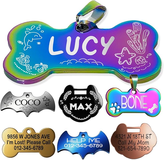 Stainless Steel Personalized Pet ID Tags, Art Design for Dog Tags, Cat Tags, Customized and Engraved on Both Sides of ID Tag, Bone in Black, Silver, Blue, Gold, Rose Gold and Rainbow Color