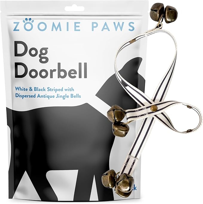 Dog Puppy Training Bell Potty and Outdoor Training Doorbell - Zoomie Paws, Black and White Strap with Bells
