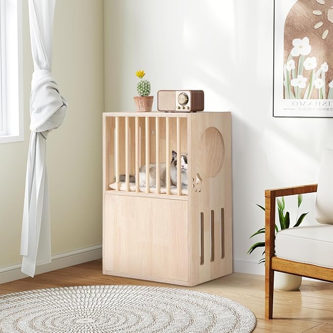Tangkula 2-Tier Luxury Wood Cat House, Wooden Kitten Cage Condo with 2 Washable Plush Cushions, 2 Access Holes, Indoor Pet Playpen Cat Catio End Side Table Nightstand, Ventilated Cat Bed Furniture