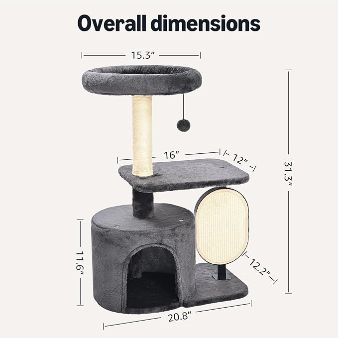 Amazon Basics Cat Tree Tower, Solid Steel Frame with Removable Scratching Pad, Gray, 32 Inches