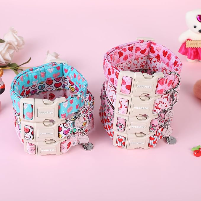 DOGWONG Valentine's Dog Collar - Pink Heart Adjustable Cotton Heart Dog Collar - Perfect for Small to Medium Dogs