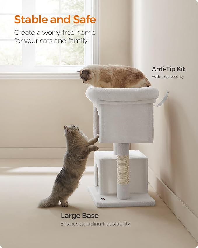 Feandrea Cat Tree, 33.1-Inch Cat Tower, Plush Condo for Large Cats up to 16 lb, Large Perch, 2 Caves, Scratching Post, Cream White UPCT061T01