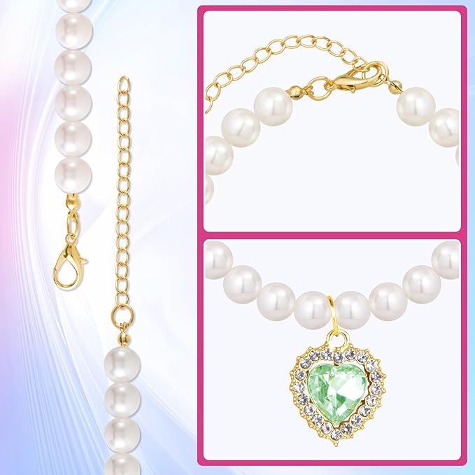 2pcs Pearl Collar for Cat Puppy, Small Cute Heart Shape Rhinestone Pet Necklace, Adjustable Wedding Party Pet Jewelry Accessories for Puppy Kitten- Green & Pink
