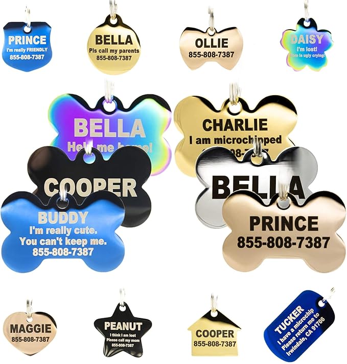 Engraved Dog Tags Personalized - Stainless Steel Engraved Dog Cat ID Tags Front & Back up to 8 Lines of Text Color Plating Gold, Rose Gold, Blue, Black, Nebula by PetANTastic