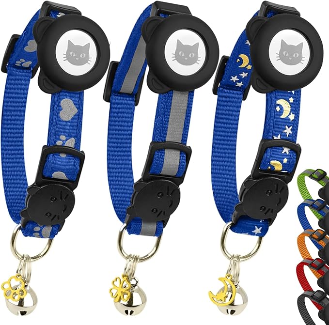 Cat Collar with AirTag Holders, 3-Pack, Reflective Breakaway Safety Collars, Bells and Matching Charms, Adjustable, Paw Hearts, Moon Stars Design, Lucky Charm, Blue