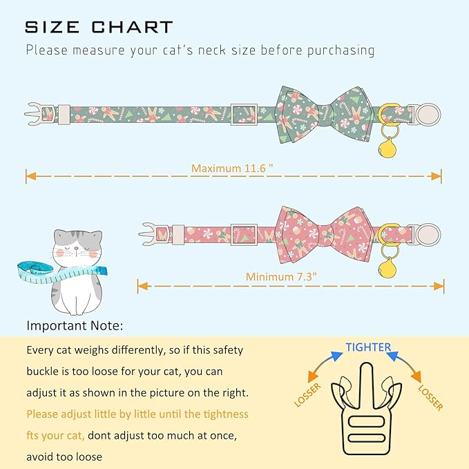 Faygarsle 2 Pack Christmas Cat Collar Set, Red and Green Gingerbread Pattern, with Bells and Bows, Breakaway Safety Feature