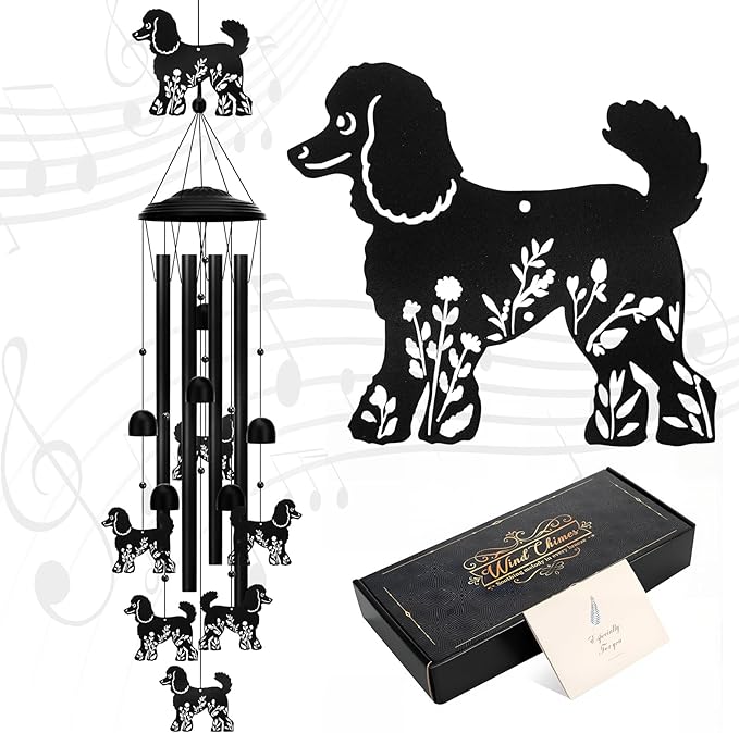 Poodle Wind Chimes for Garden, 34.6 Inch Weather-Resistant Metal Windchime with 4 Aluminum Tubes, Pet Memorial Gift for Dog Lovers, Patio & Yard Deco