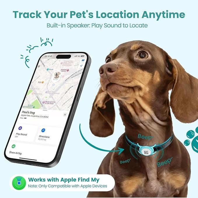 Smart Pet Tracker for Collar - Dog Trackers Location for Pet with Holder, No Monthly Fee, Real-Time Tracking, iOS Only, Emergency Contact, Long-Lasting, Anti-Lost Tracker for Cats, Bag Straps