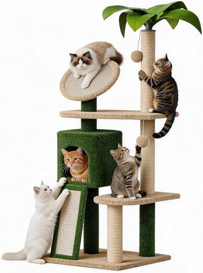 Erinnyees 57" Coconut Cat Tree for Indoor Cats, Multi Level Cat Tower with Plush Condo, Spacious Platform, Sisal-Covered Scratching Posts, Cat Activity Center with Hang Ball Toy, Pet Furniture, Green